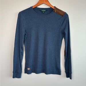 Lauren Ralph Lauren Navy Brown Zip Collar Elbow Patch Long Sleeve Top Medium